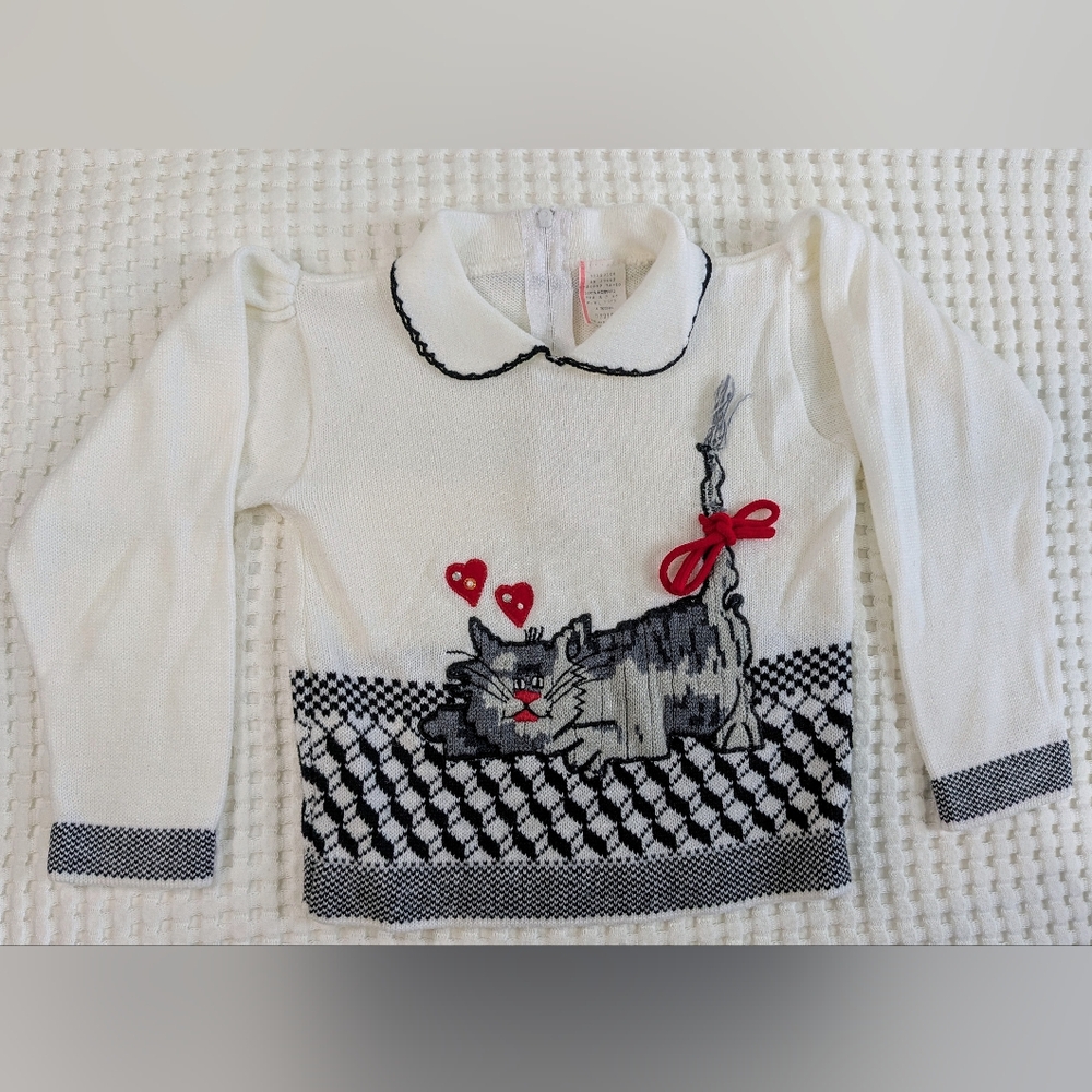 Vintage Cat Bow Hearts Geometric Checkered Knit Sweater Girls Size 4T 80s Retro